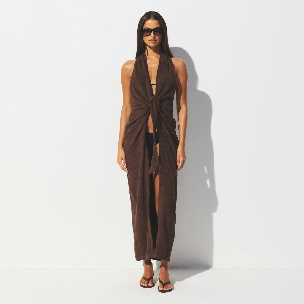 TERRY COVER-UPS DEEP PLUNGE HALTER WRAP DRESS