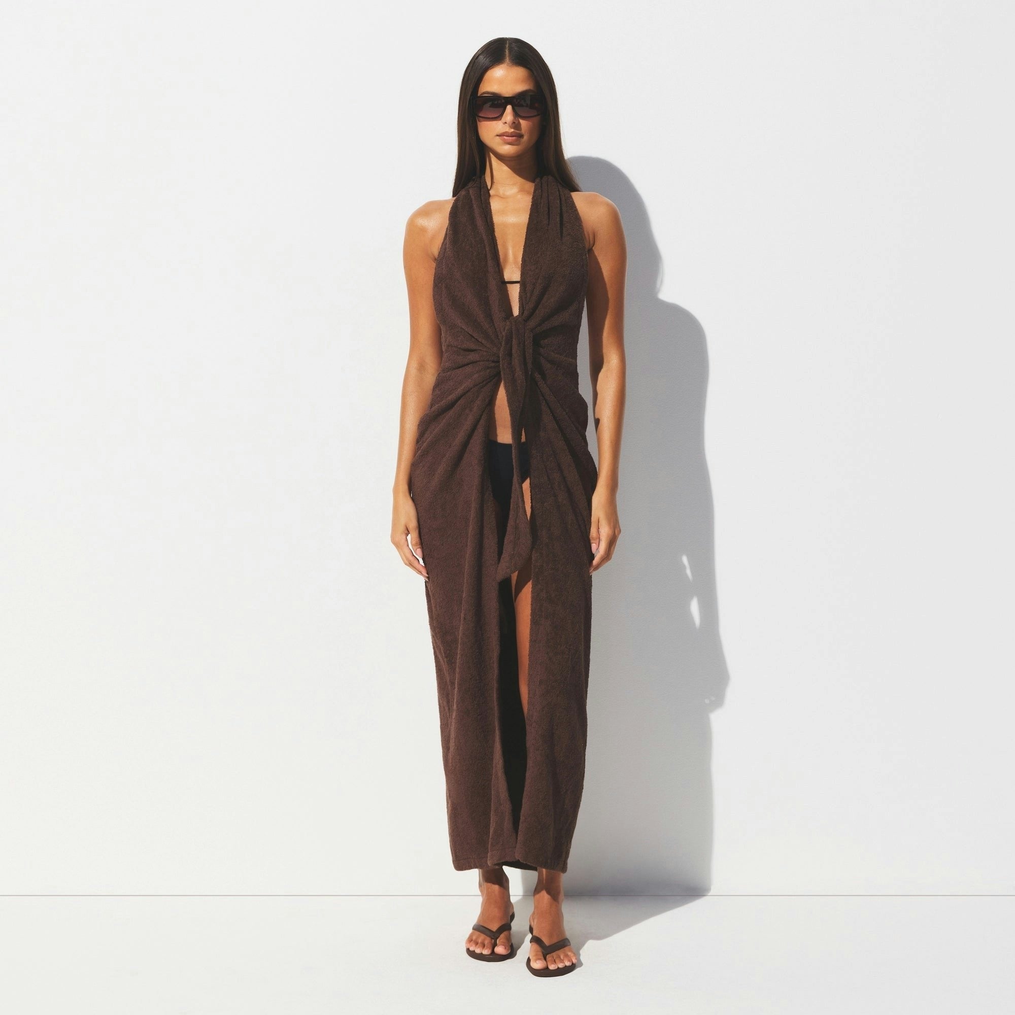TERRY COVER-UPS DEEP PLUNGE HALTER WRAP DRESS