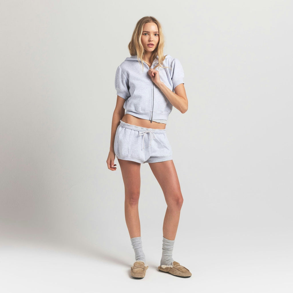 BUBBLE SLEEVE CROPPED ZIP UP
