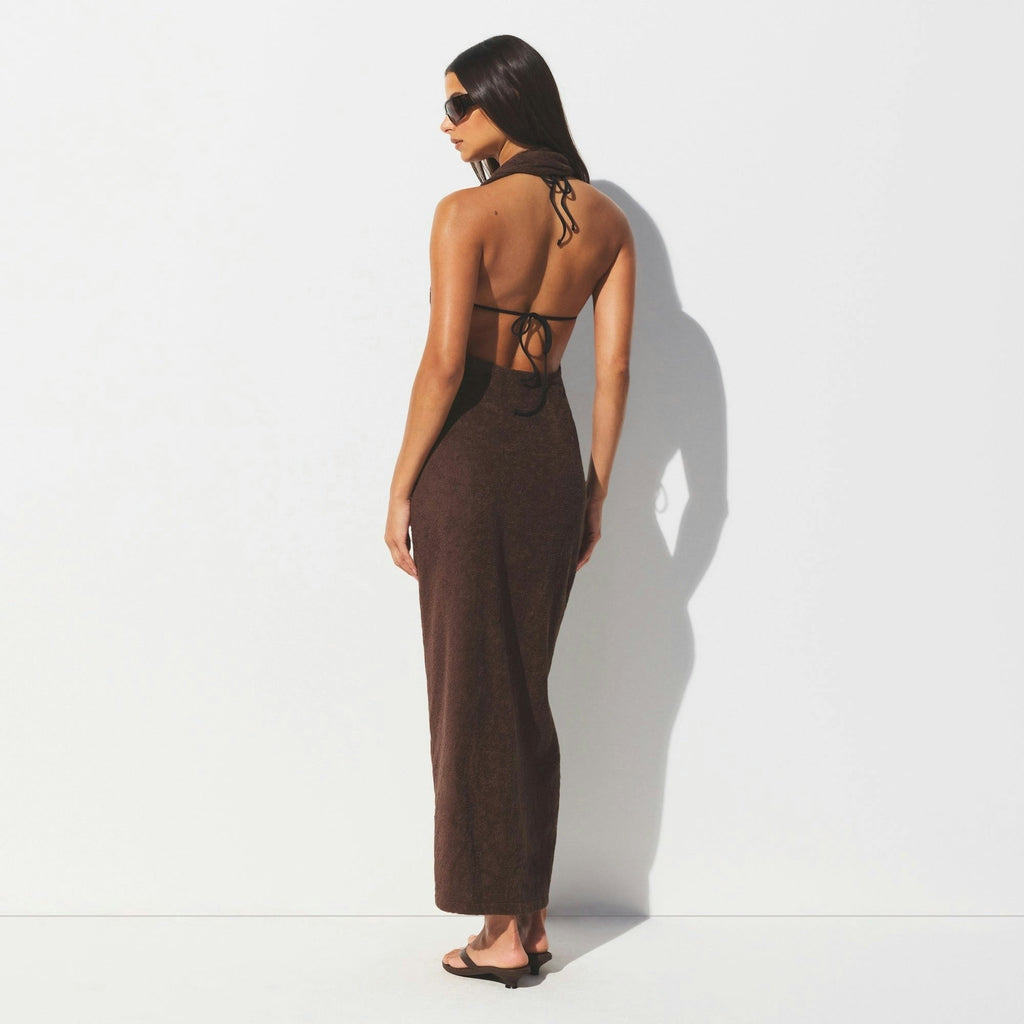 TERRY COVER-UPS DEEP PLUNGE HALTER WRAP DRESS