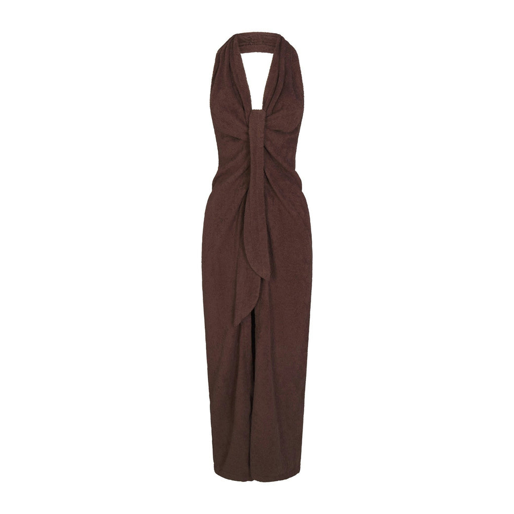TERRY COVER-UPS DEEP PLUNGE HALTER WRAP DRESS