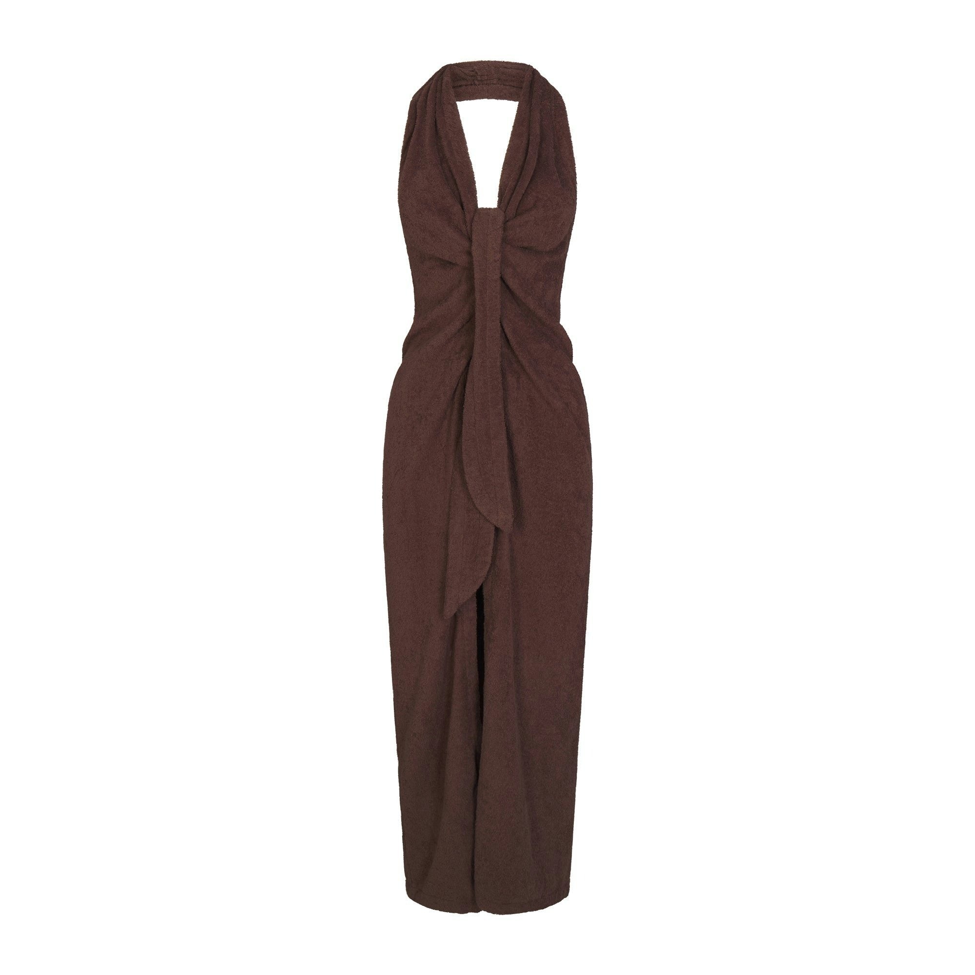 TERRY COVER-UPS DEEP PLUNGE HALTER WRAP DRESS