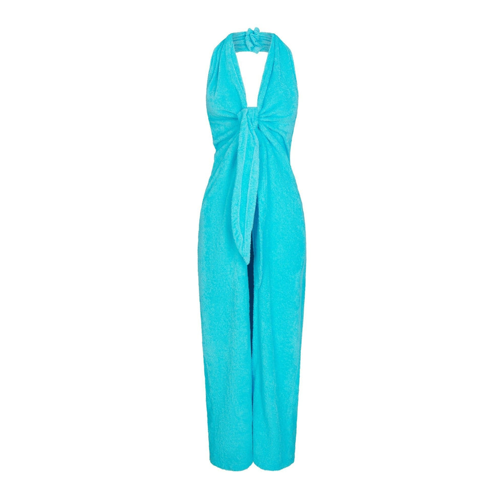 TERRY COVER-UPS DEEP PLUNGE HALTER WRAP DRESS